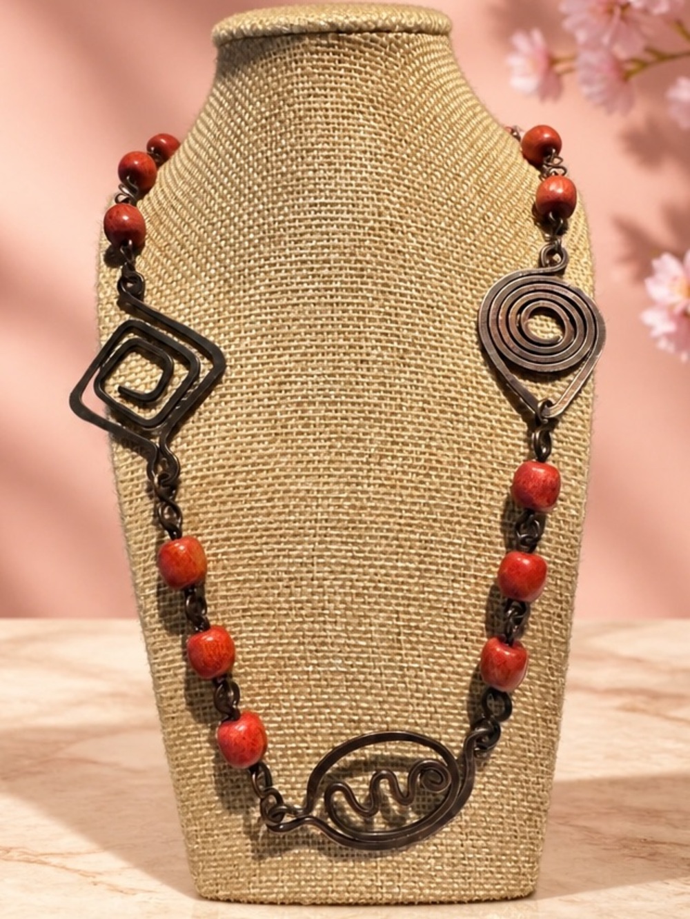 Vintage Brutalist Copper Spiral & Terracotta Wood Bead Statement Necklace